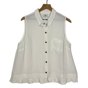 Cabi Button Up Blouse Top Wmns L White Collared Pocket Pleated Hem Old Money NWT